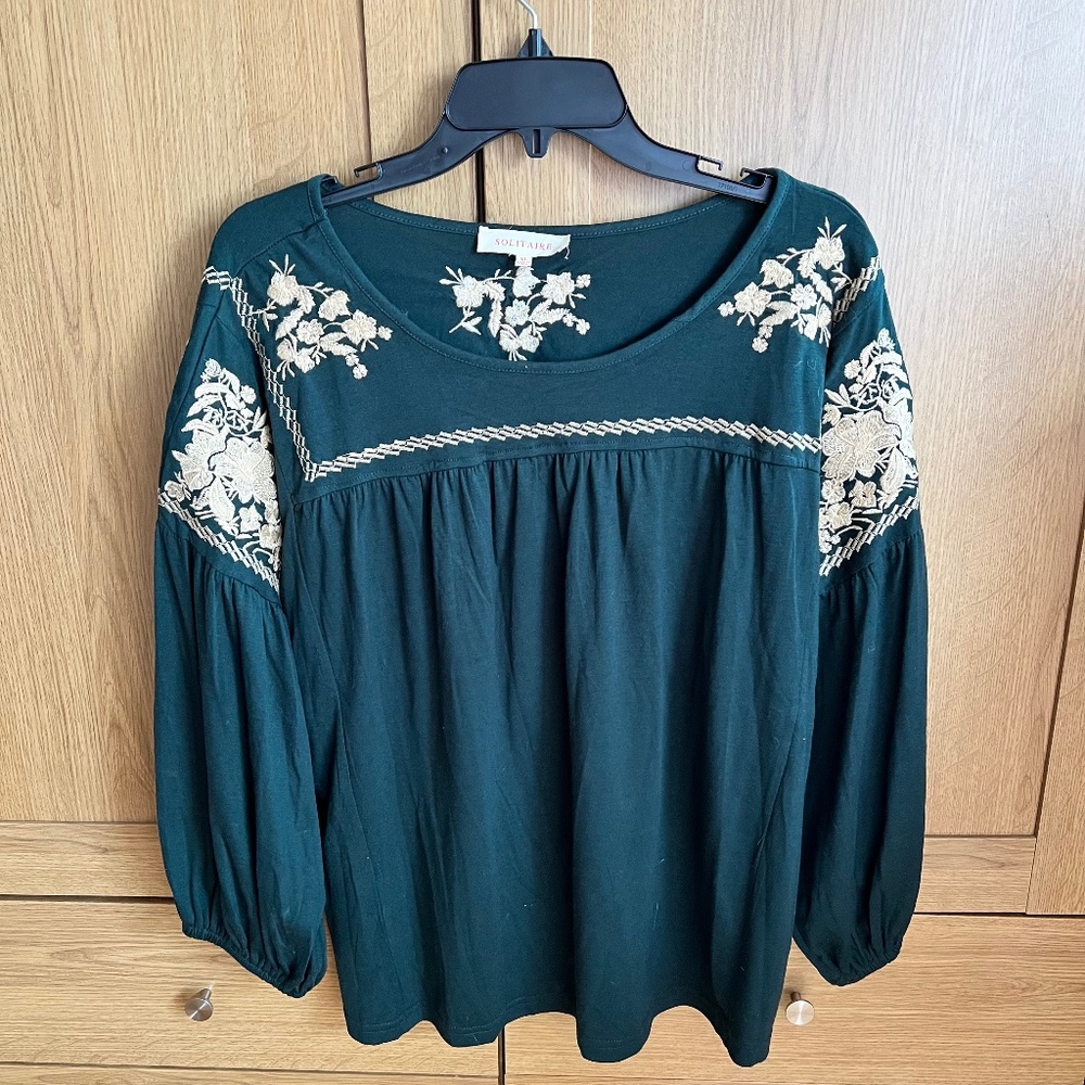 Solitaire Dark Green Long Sleeve Top with Cream Floral Embroidery